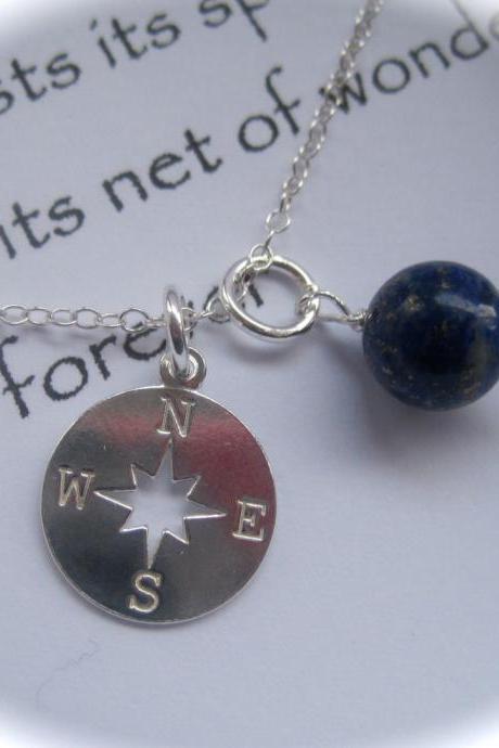 Sterling Silver Compass And Lapis Lazuli Gemstone Necklace