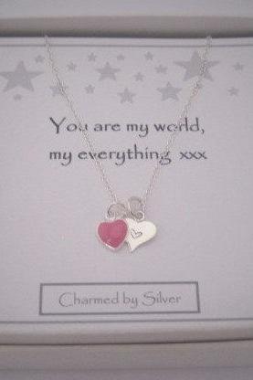 Sterling Silver Duo Heart Charm Necklace - You Are My World. A Perfect Gift X