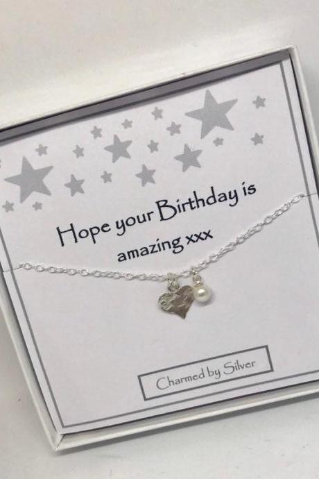 A Birthday Gift - A Sterling Silver Freshwater Pearl &amp;amp;amp;amp; Hammered Heart Necklace