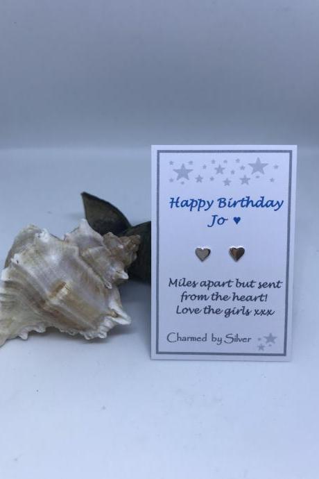Sterling Silver Heart stud Earrings with add your own Birthday Message