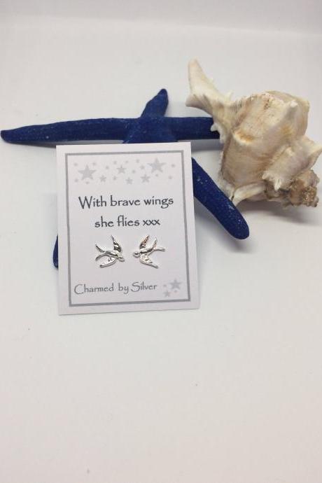 Sterling Silver Swallow Bird Stud Earrings With Message