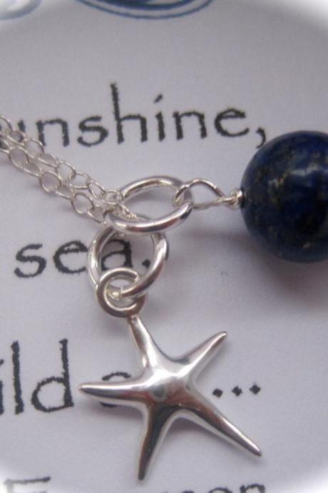 Sterling Silver Starfish Charm and Lapis Lazuli Gemstone Necklace