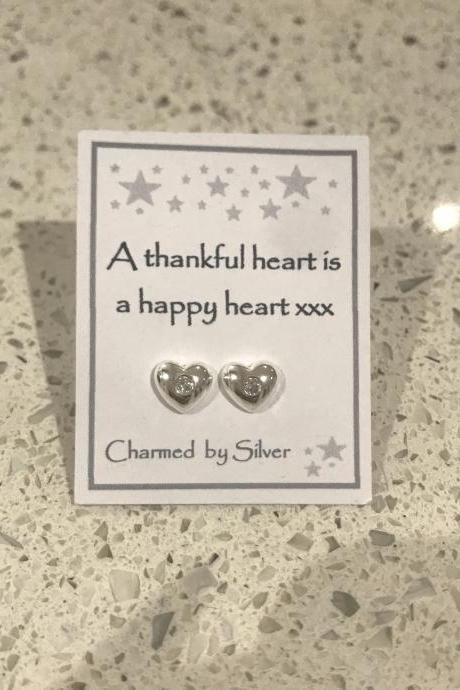Sterling Silver Crystal Heart Stud Earrings With Message