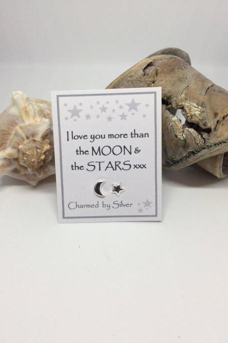 Sterling Silver Moon & Star stud Earrings with Message