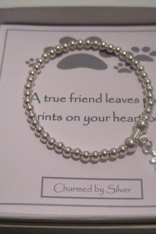 Sterling Silver Dog Paw Print Charm stretch bead Bracelet - a perfect gift for a dog lover