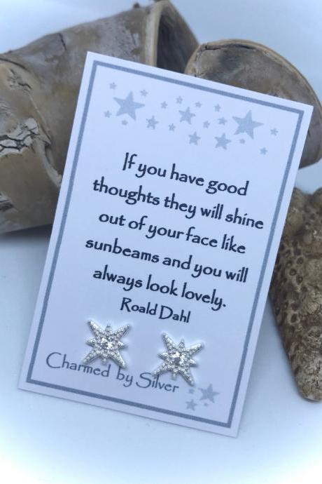 Sterling Silver Cubic Zirconia Star stud Earrings with Happy Message