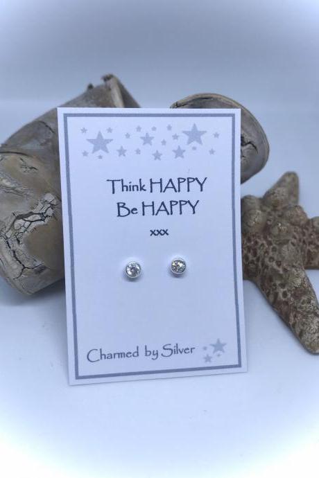 Sterling Silver Cubic Zirconia Stud Earrings With A Happy Message