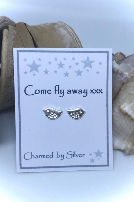Sterling Silver Bird Stud Earrings With Message