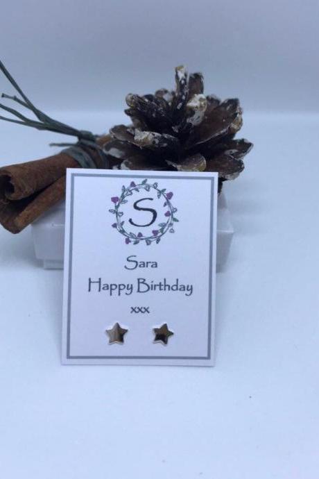 Personalised Wreath Initial Name Sterling Silver Star Stud Earrings Birthday 18th, 21st, 40th, 50th, 60th Gift