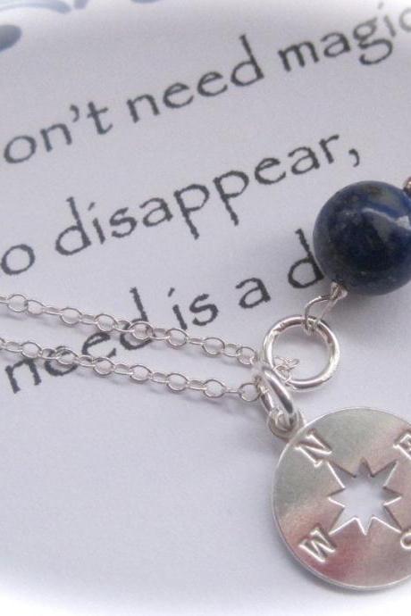 Sterling Silver Compass and Lapis Lazuli Gemstone Necklace for a Travel Journey