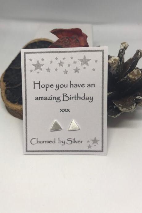 Sterling Silver Triangle Stud Earrings with a Birthday Message