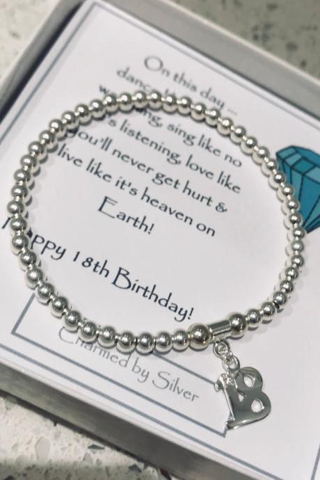 Birthday Sterling Silver Heart Bead Bracelet with 18, 21, 30, 40, 50 sparkle charm