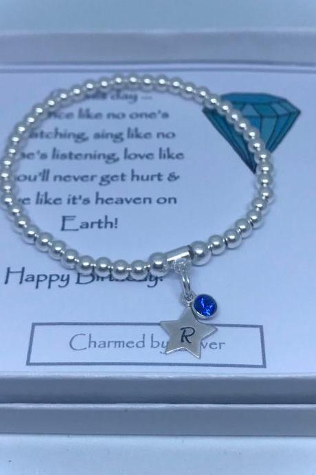 Gorgeous Sterling Silver Bead Bracelet With A Silver Star Initial &amp;amp;amp; Birthstone Charm