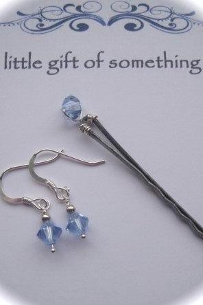 A little gift of something blue - Sterling Silver Swarovski Blue Earrings & Hair Pin, perfect bridal present