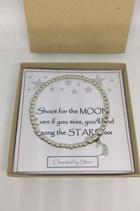 Sterling Silver Moon &amp;amp;amp; Star Charm Stretch Bead Bracelet - A Perfect Gift - Shoot For The Moon Message