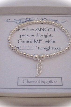 Sterling Silver Bead &amp;amp;amp; Angel Wing Stretch Bead Bracelet With A Message