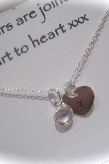 Sisters are joined heart to heart Sterling Silver Hand stamped Heart & Birthstone Crystal Necklace