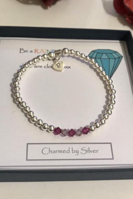 Swarovski Crystal 'Pop of Pink' Initial Heart Sterling Silver bead Bracelet