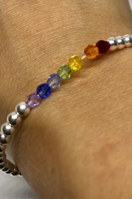 Rainbow Swarovski Crystal Sterling Silver Stretch bead Bracelet