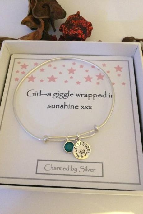 Sterling Silver Hand Stamped My Little Girl &amp;amp;amp; Birthstone Extendable Bangle - Perfect For A Mum Or A Daughter