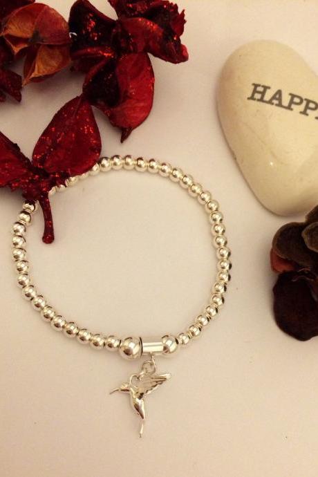 Sterling Silver Hummingbird Charm Stretch Bead Bracelet With A Message