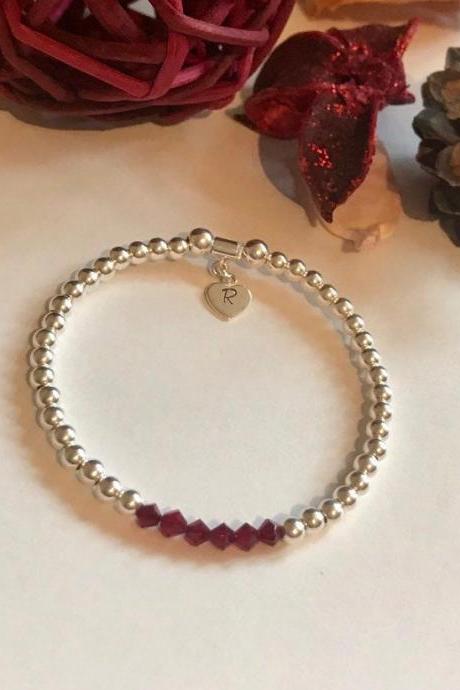 Swarovski Crystal Birthstone Birthday Birth Month Initial Heart Sterling Silver bead Bracelet