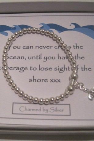 Sterling Silver Turtle Charm Stretch Bead Bracelet - You can never cross the ocean until you have courage to lose sight of the shore