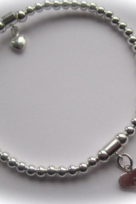 Bridesmaid Sterling Silver puffed heart and stamped heart stretch bead Bracelet