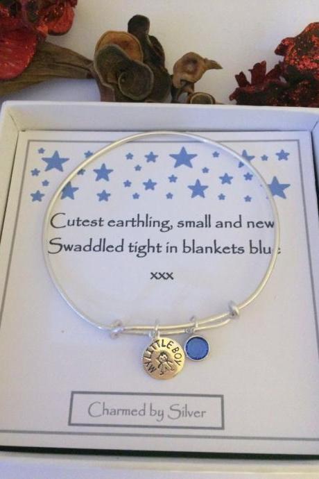 Sterling Silver Hand Stamped My Little Boy &amp;amp;amp; Birthstone Extendable Bangle - Perfect For A Mum