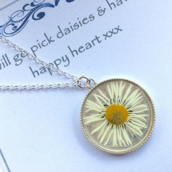 A real daisy Sterling Silver Necklace - memories of a Summer garden