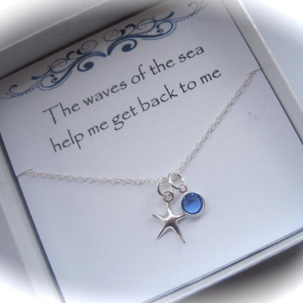 Sterling Silver Starfish and Coloured Birthstone Swarovski Crystal Necklace
