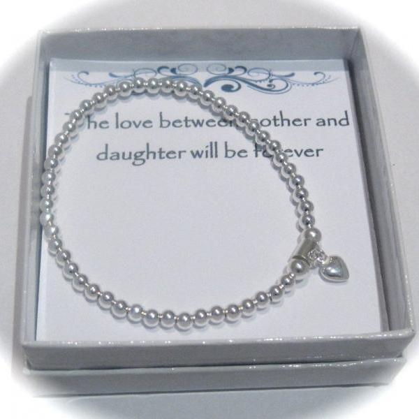 Daughter Sterling Silver puffed heart Stretch Bead Bracelet