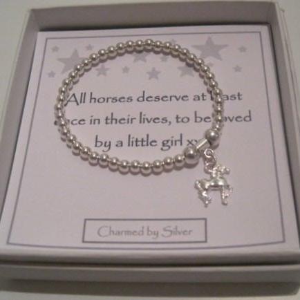 Sterling Silver Horse Charm Stretch Bead Bracelet - a perfect gift for a horse lover