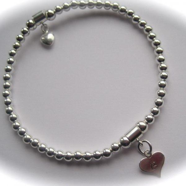 Bridesmaid Sterling Silver puffed heart and stamped heart stretch bead Bracelet